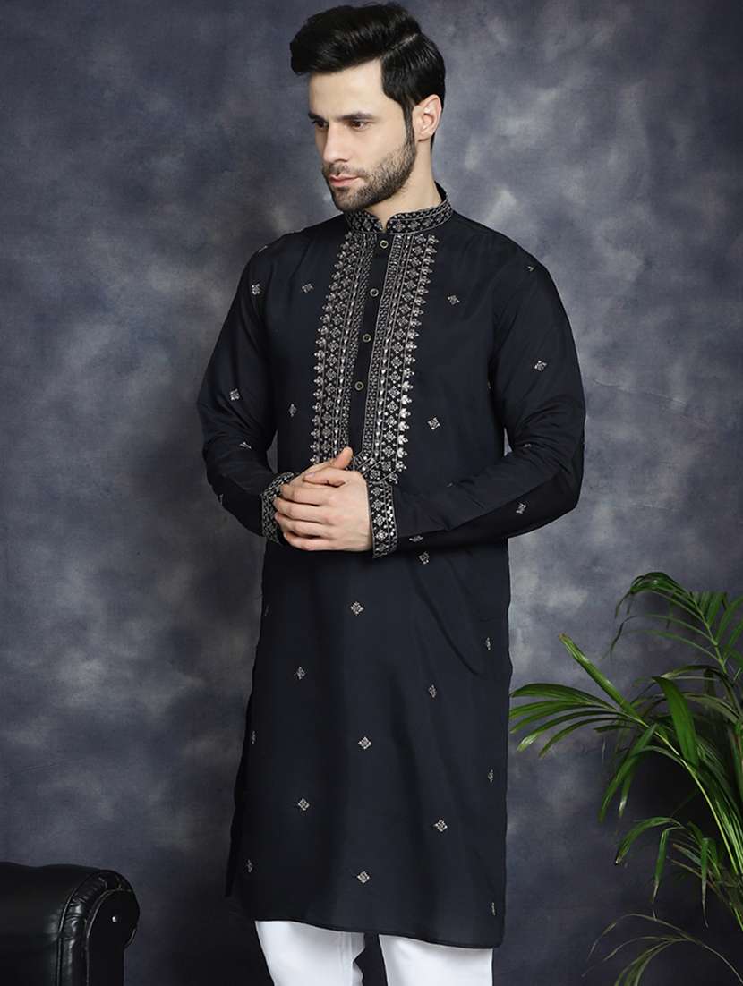 men solid with work mandarin neck long kurta
