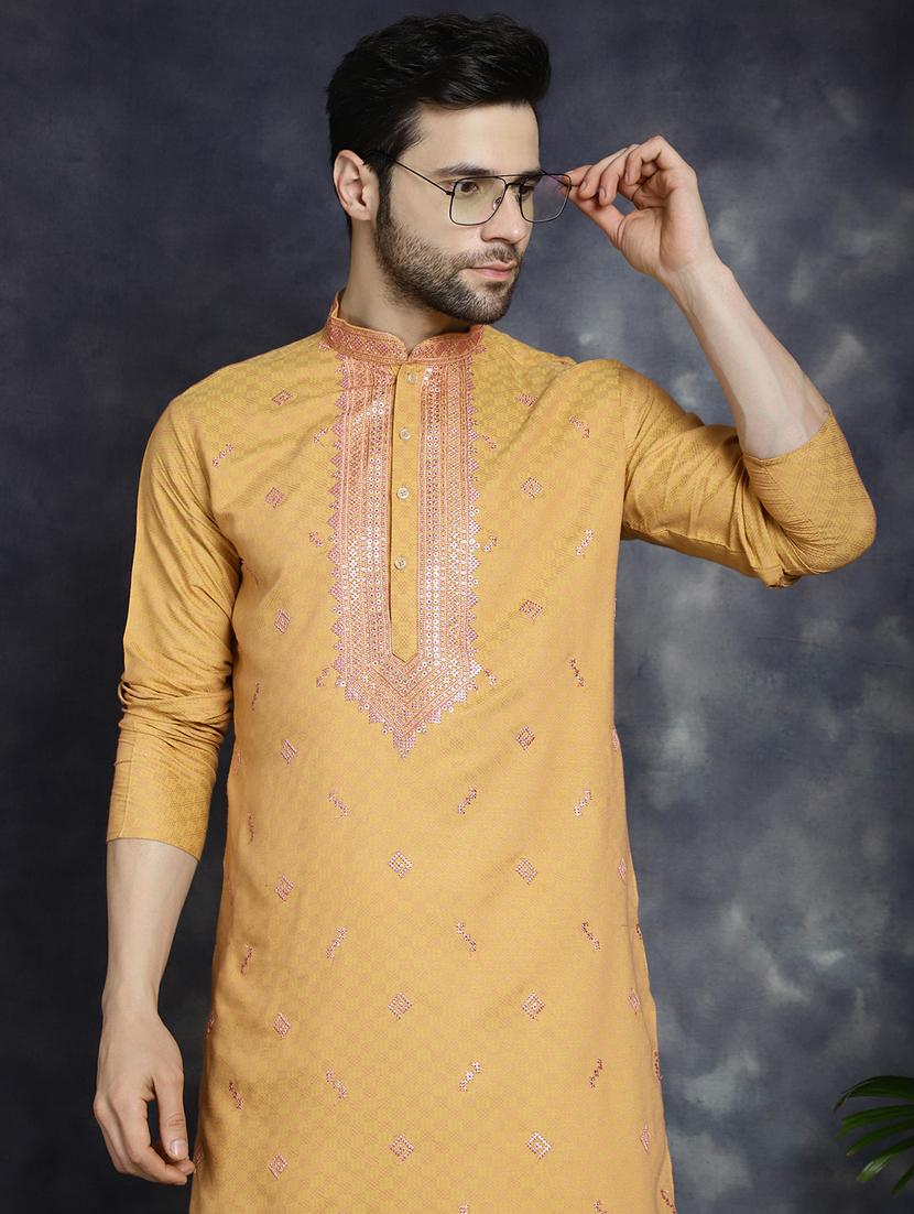 orange silk blend long kurta - 21018312 -  Standard Image - 1