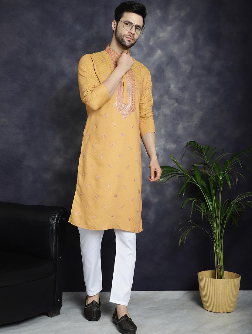 orange silk blend long kurta - 21018312 - Standard Image - 4