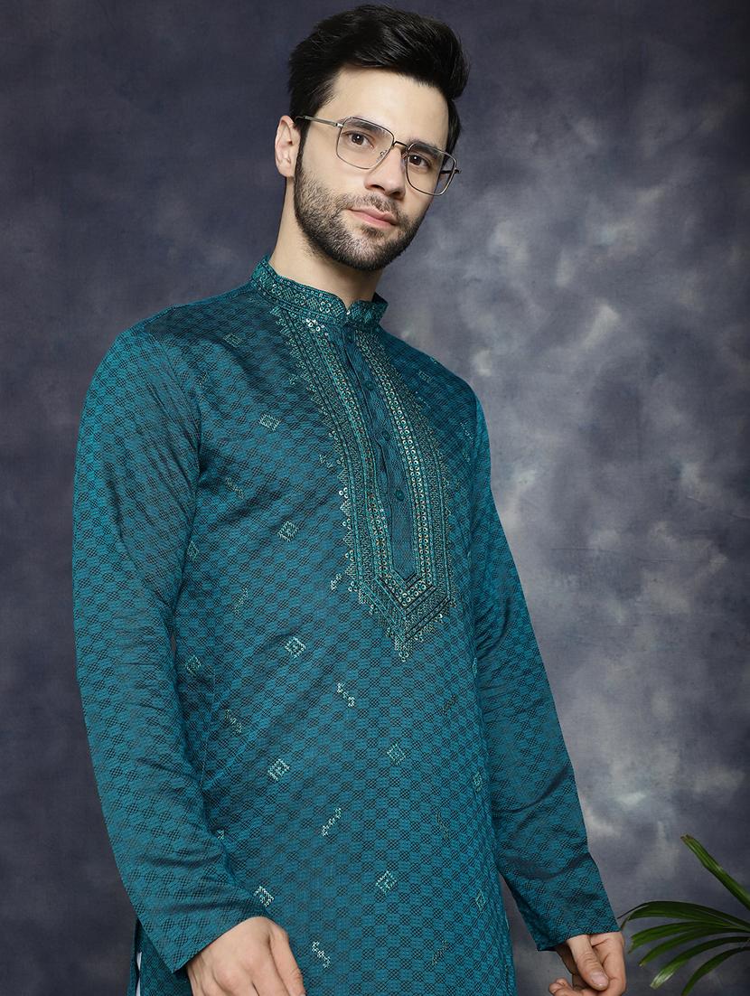 teal silk blend long kurta - 21018313 -  Standard Image - 1