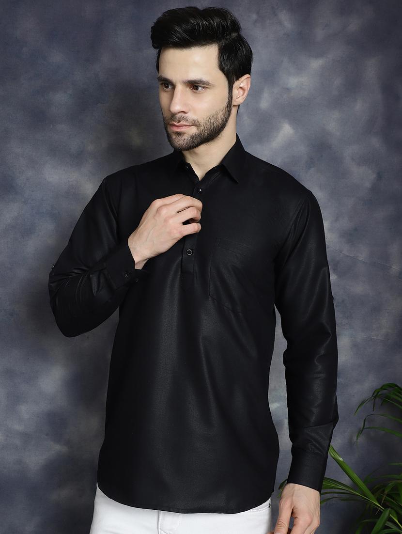 men's black solid short kurta - 21018314 - Standard Image - 1