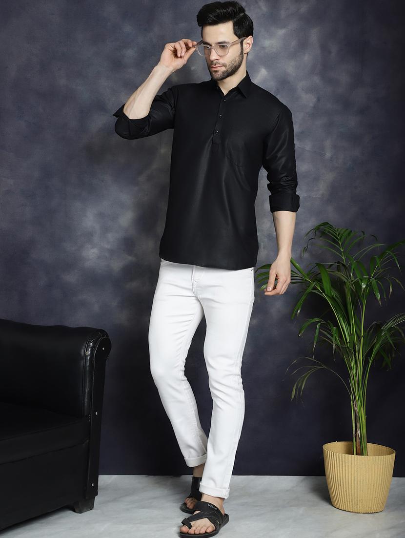 men's black solid short kurta - 21018314 - Standard Image - 4