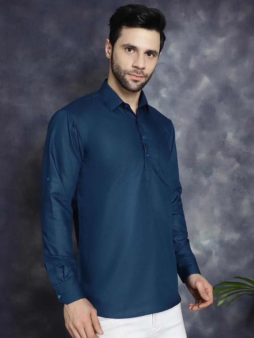 teal cotton short kurta - 21018318 - Standard Image - 1