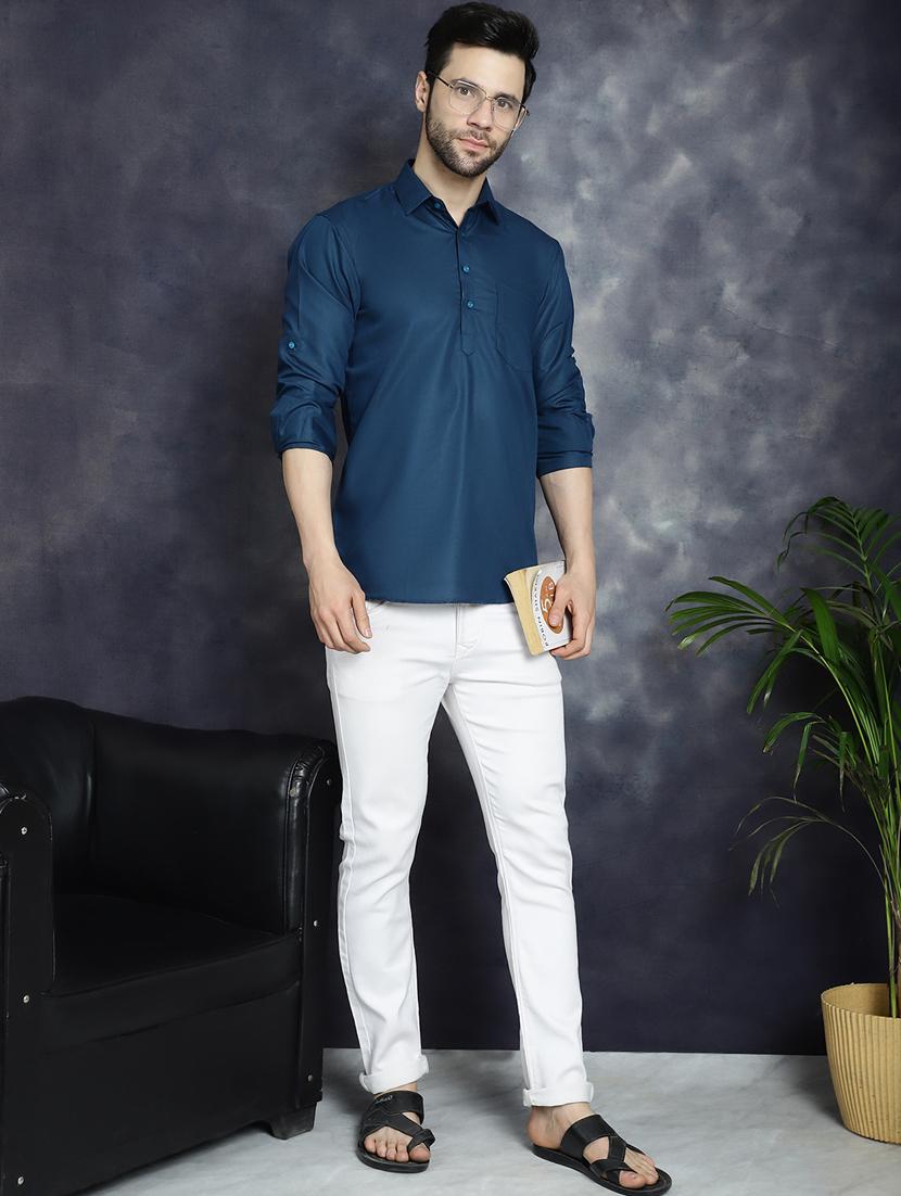 teal cotton short kurta - 21018318 - Standard Image - 4