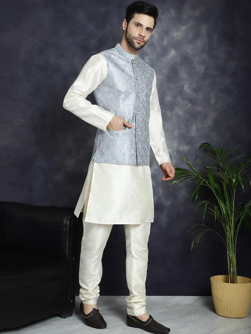 grey silk blend kurta pyjama with jacket ethnic wear set - 21018424 -  Standard Image - 1
