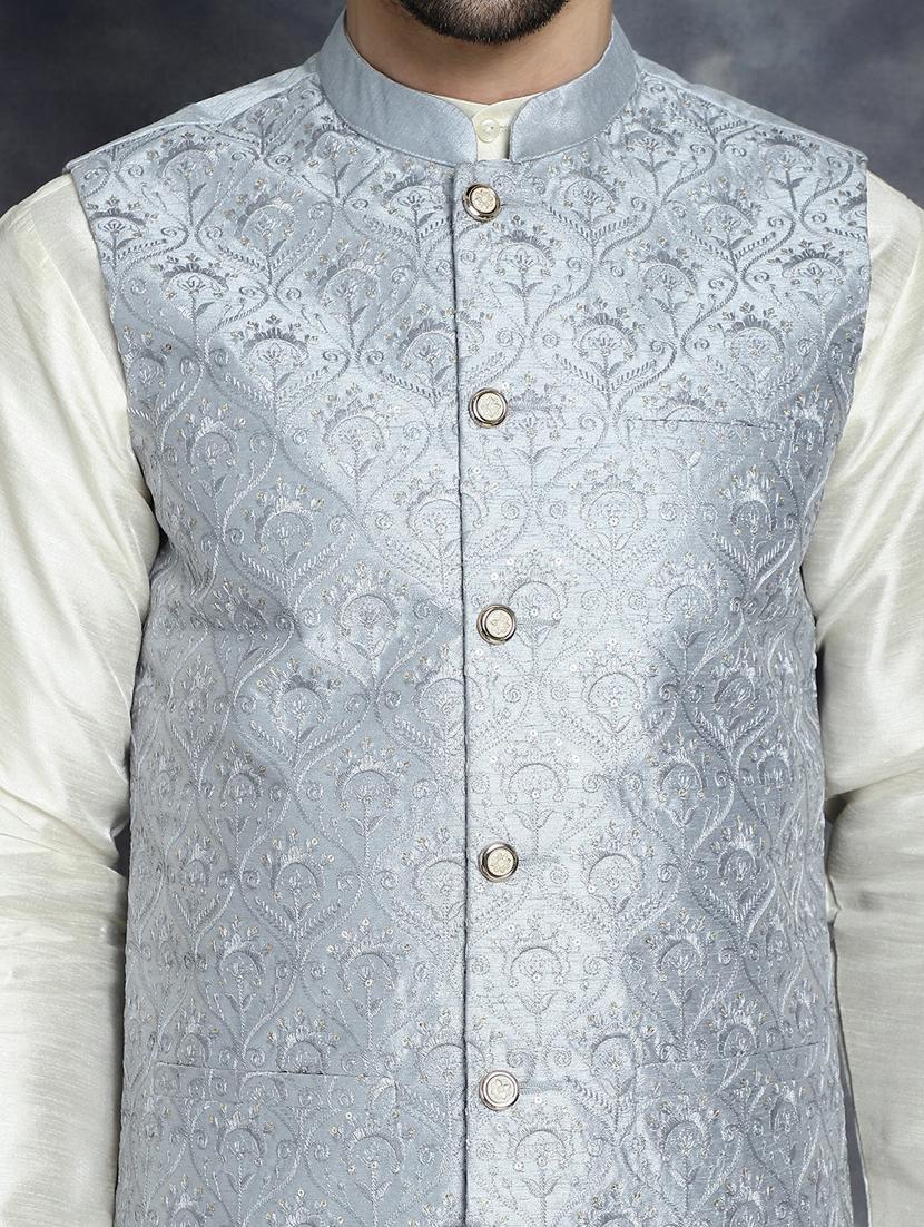 grey silk blend kurta pyjama with jacket ethnic wear set - 21018424 - Standard Image - 4