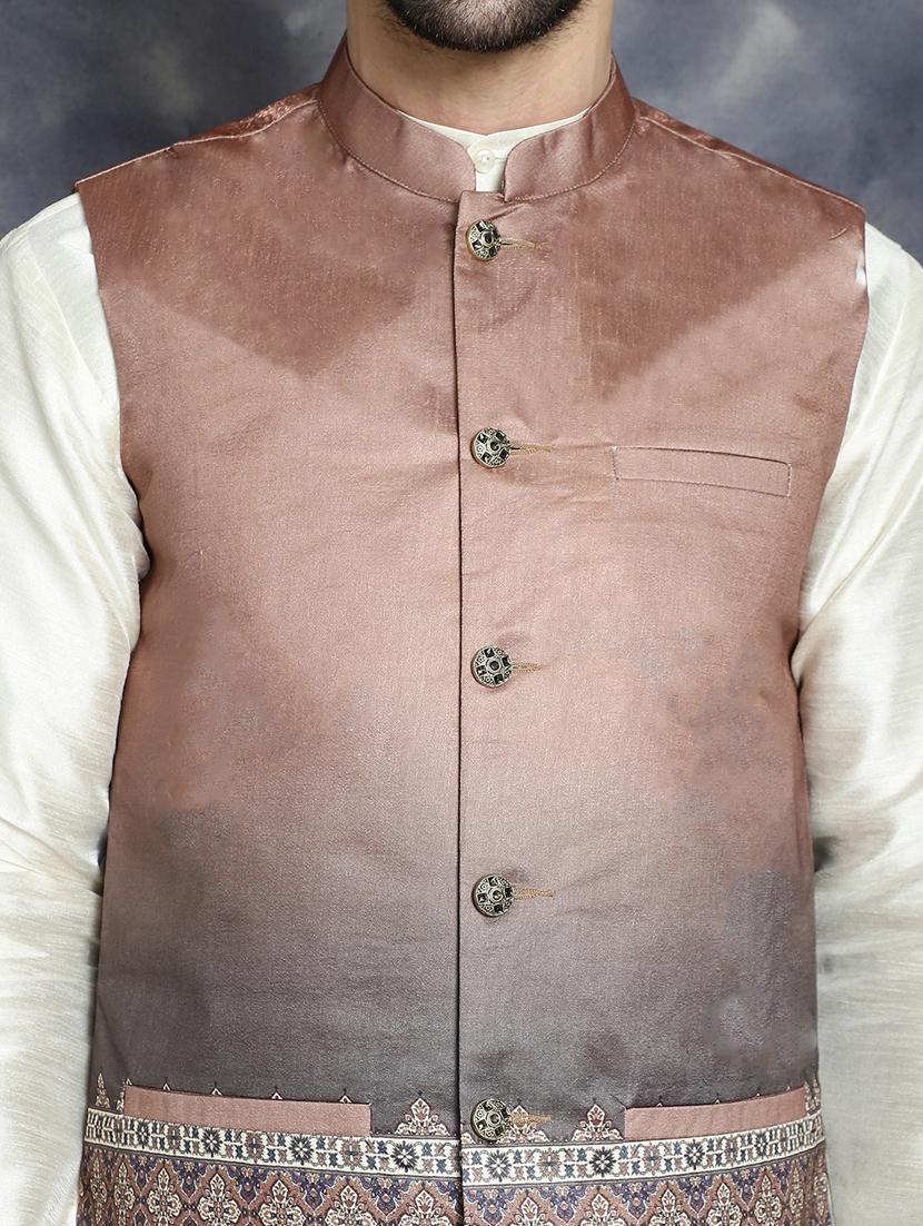 brown silk blend kurta pyjama with jacket ethnic wear set - 21018429 - Standard Image - 4