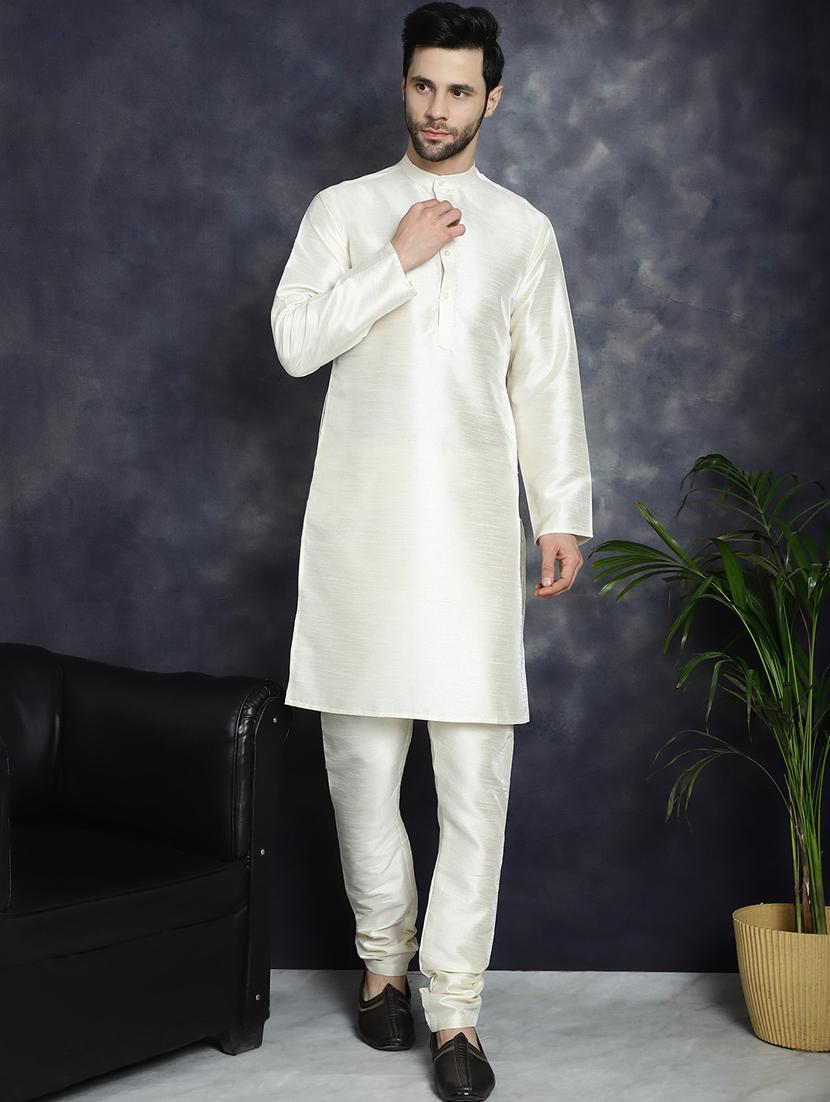 golden silk blend kurta pyjama with jacket ethnic wear set - 21018430 - Standard Image - 1