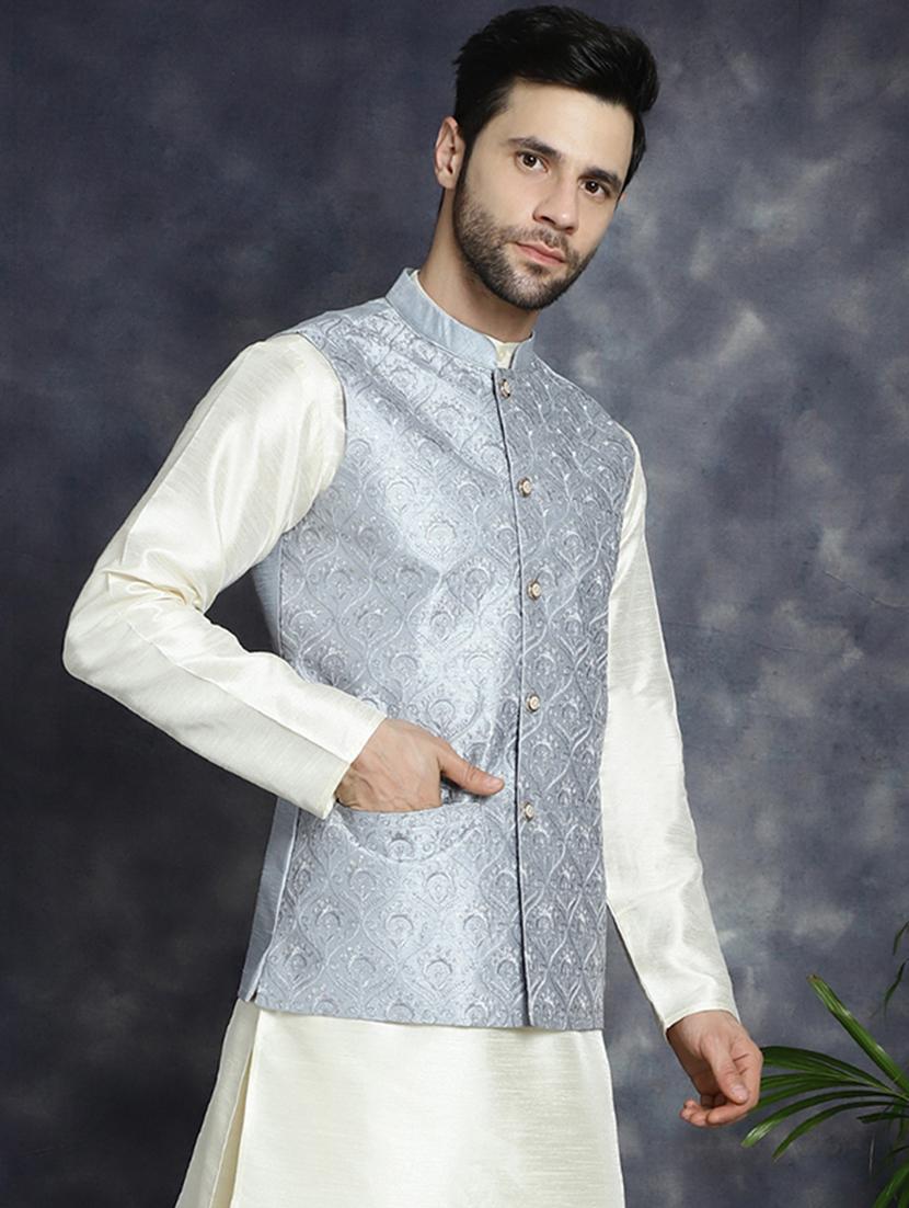 grey silk blend nehru jacket - 21018651 - Standard Image - 1