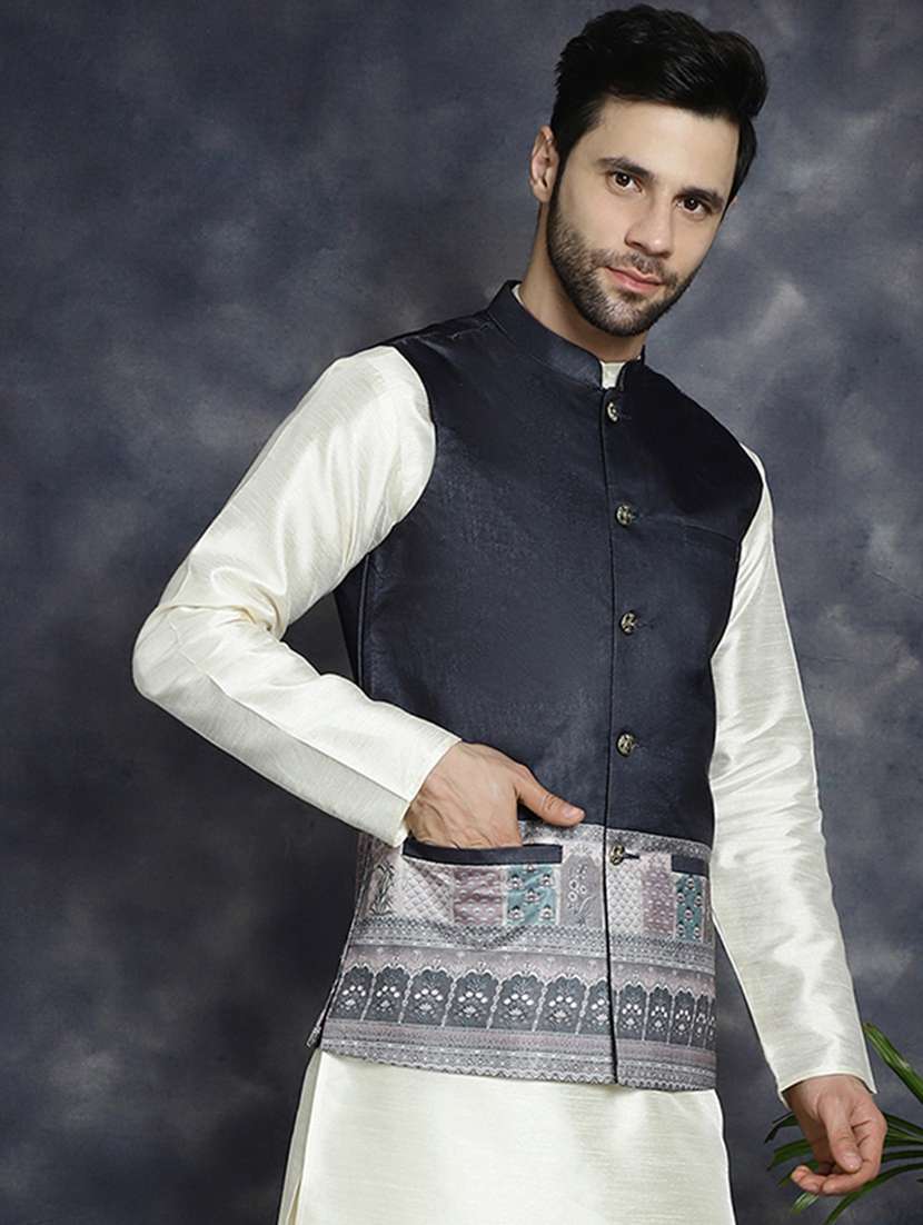black silk blend nehru jacket - 21018655 -  Standard Image - 1