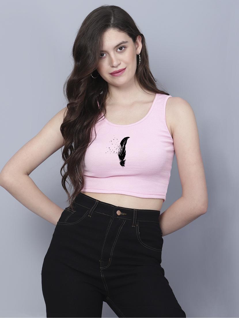 pink front printed casual crop top - 21019917 - Zoom Image - 0