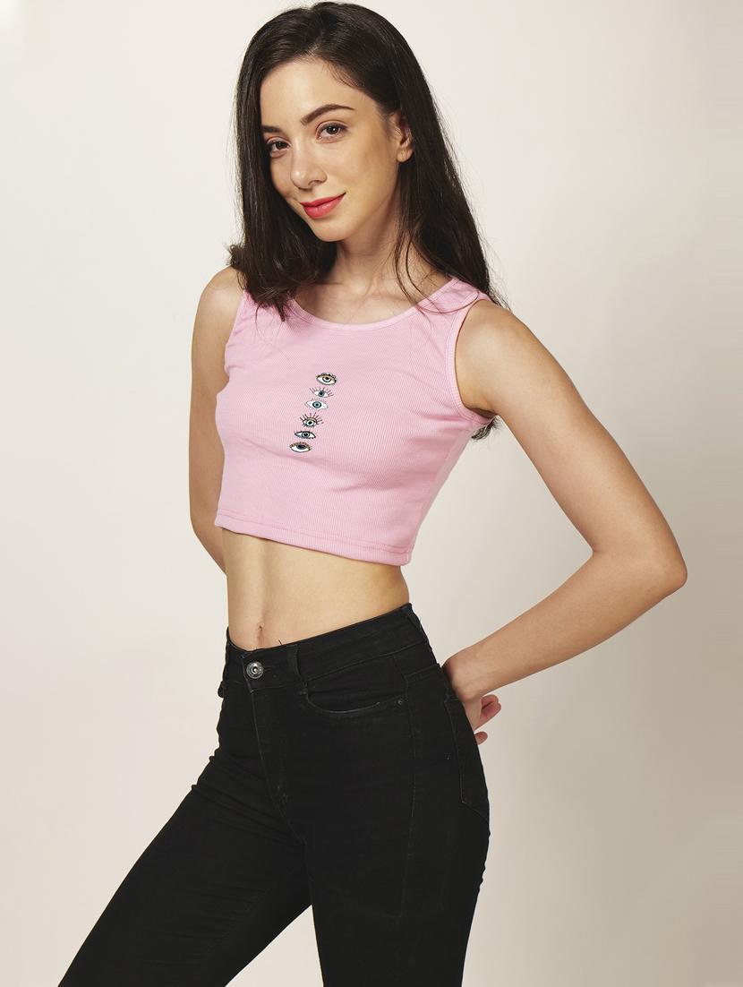 pink front printed casual crop top - 21020013 - Standard Image - 1