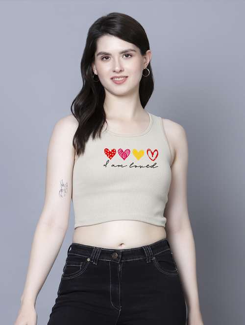 beige cotton lycra crop top - 21020170 -  Standard Image - 0