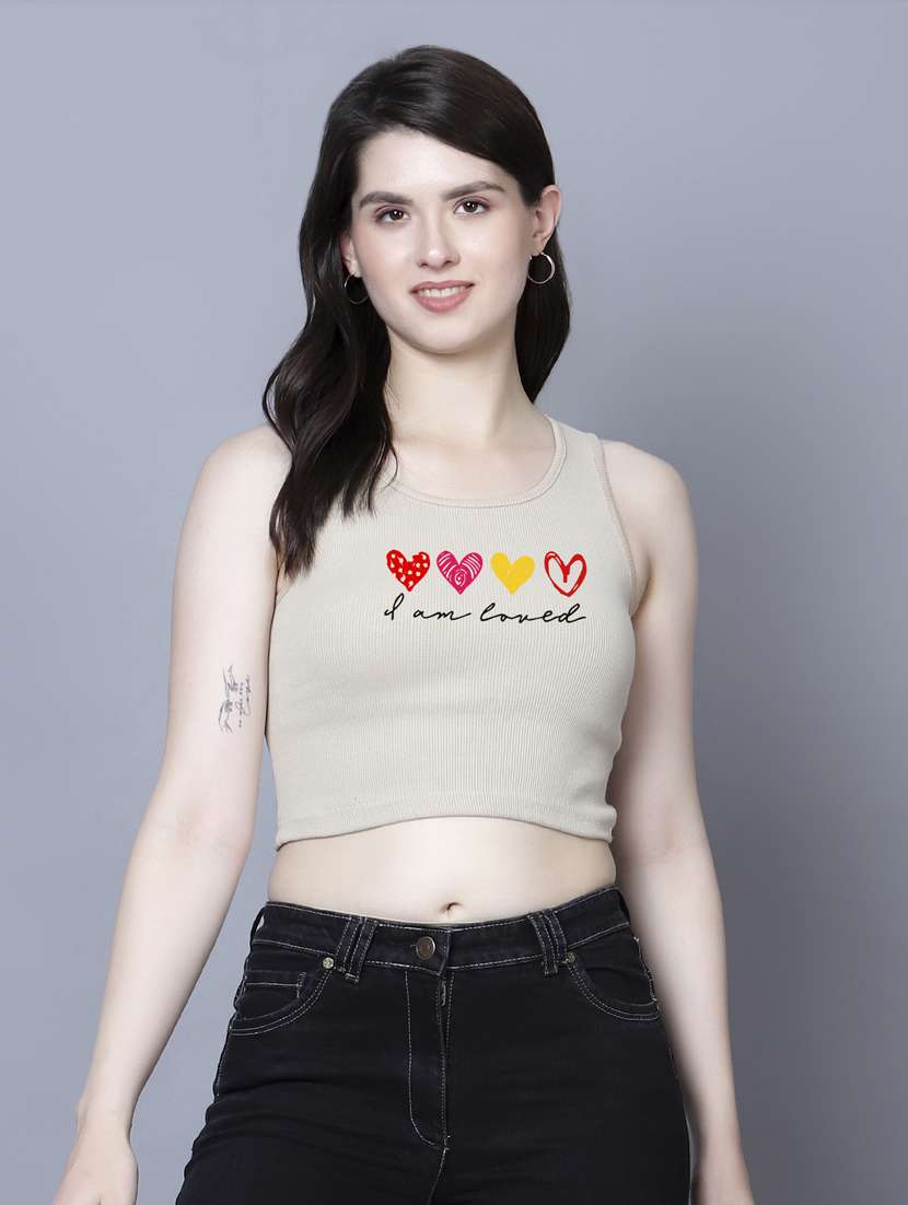 beige cotton lycra crop top - 21020170 -  Zoom Image - 0