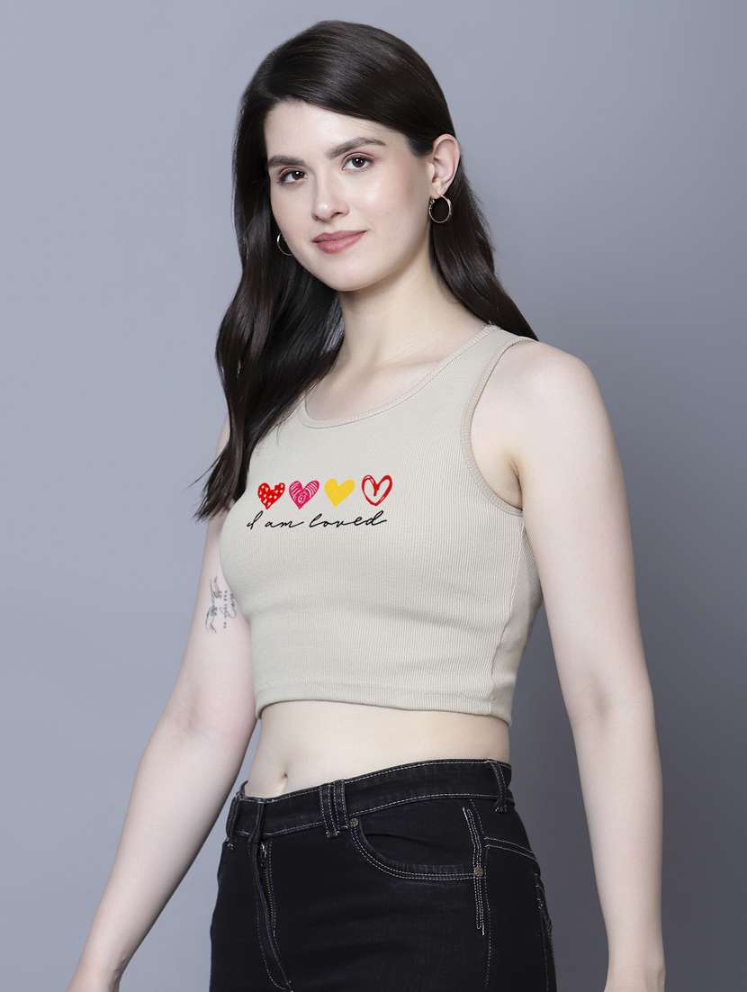 beige cotton lycra crop top - 21020170 -  Standard Image - 1