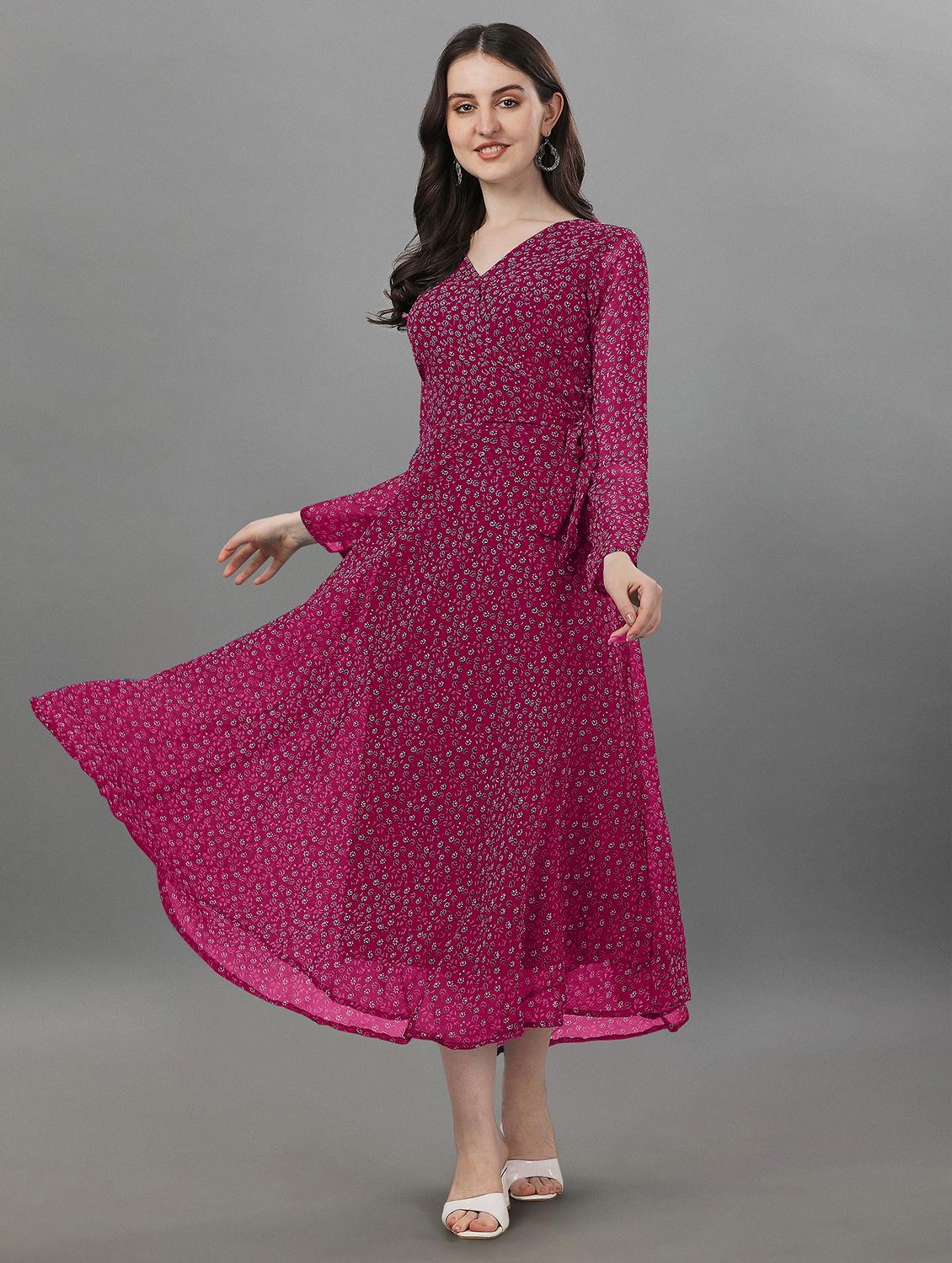 women pink v neck fit & flare dress - 21020255 - Zoom Image - 0