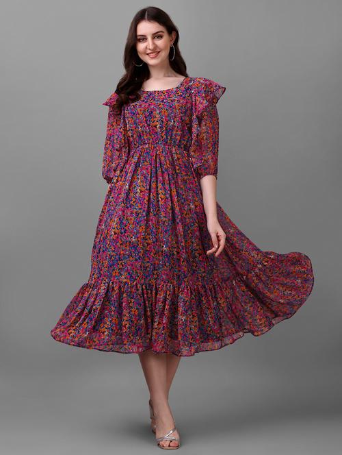 women multi color round neck fit & flare dress - 21020263 -  Standard Image - 0