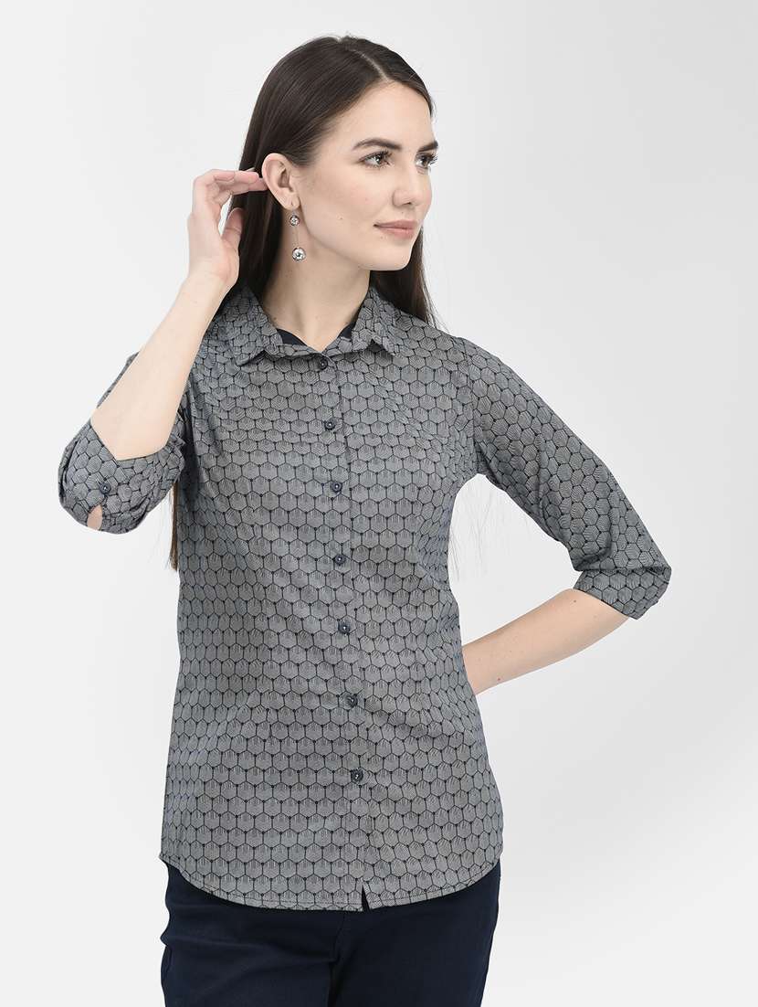 navy blue cotton geometric print shirt