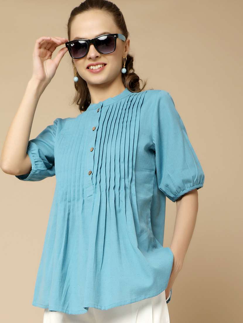 women solid blue a-line top - 21022481 -  Standard Image - 1