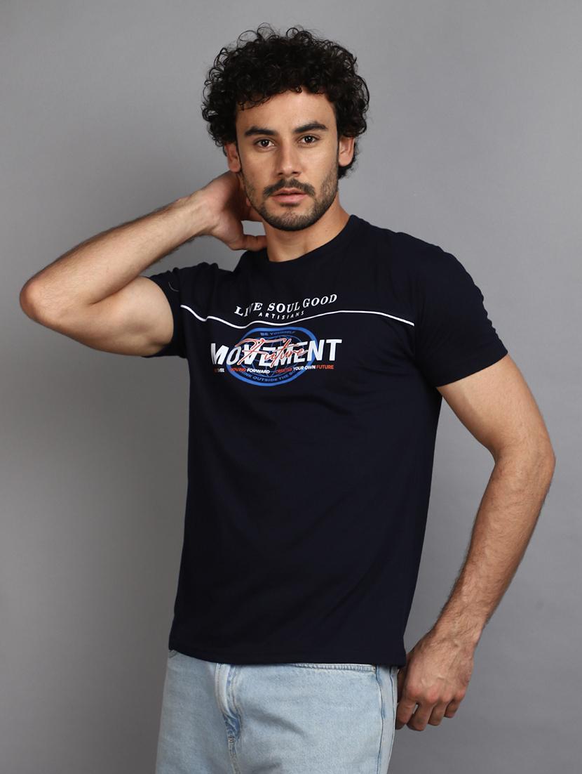 navy blue cotton blend chest print tshirt - 21022546 - Standard Image - 1