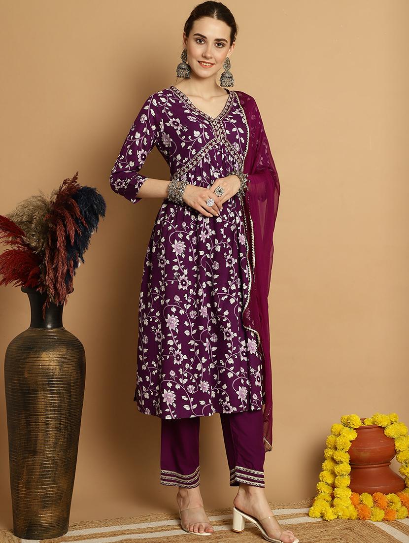 women purple v neck kurta pant set with dupatta - 21022582 - Standard Image - 1