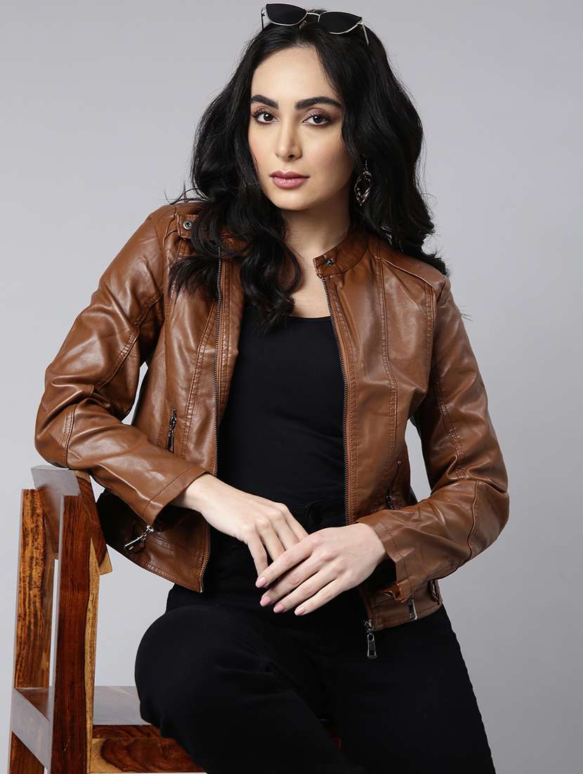 brown solid bomber/biker jacket - 21023310 -  Standard Image - 1