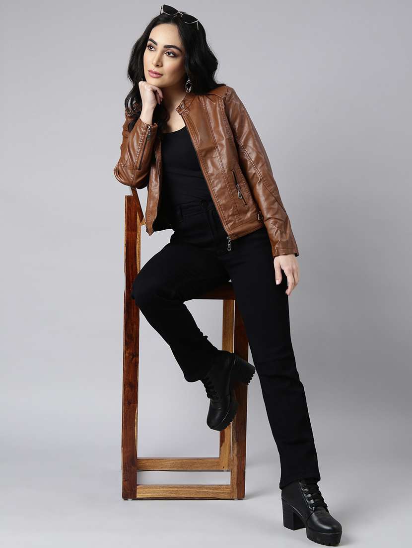 brown solid bomber/biker jacket - 21023310 -  Standard Image - 4
