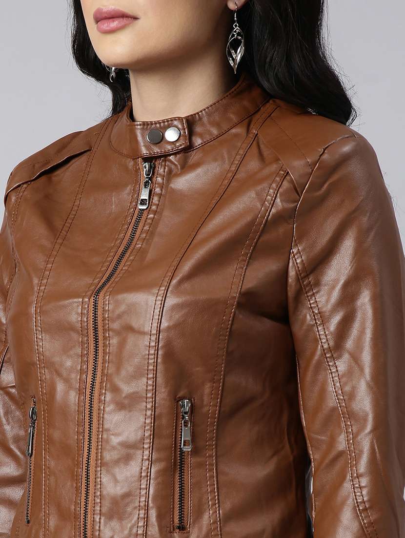 brown solid bomber/biker jacket - 21023310 -  Standard Image - 6