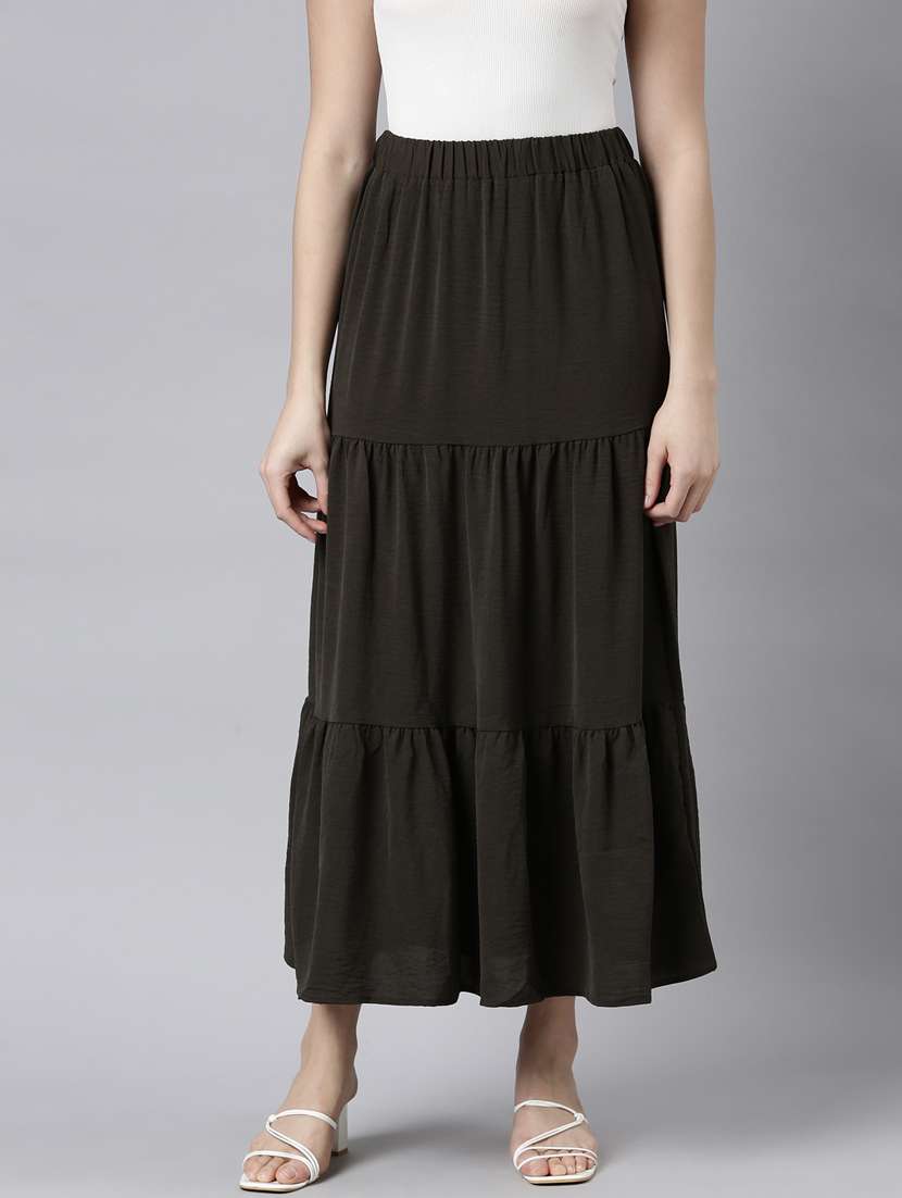 women mid-rise solid tiered skirt