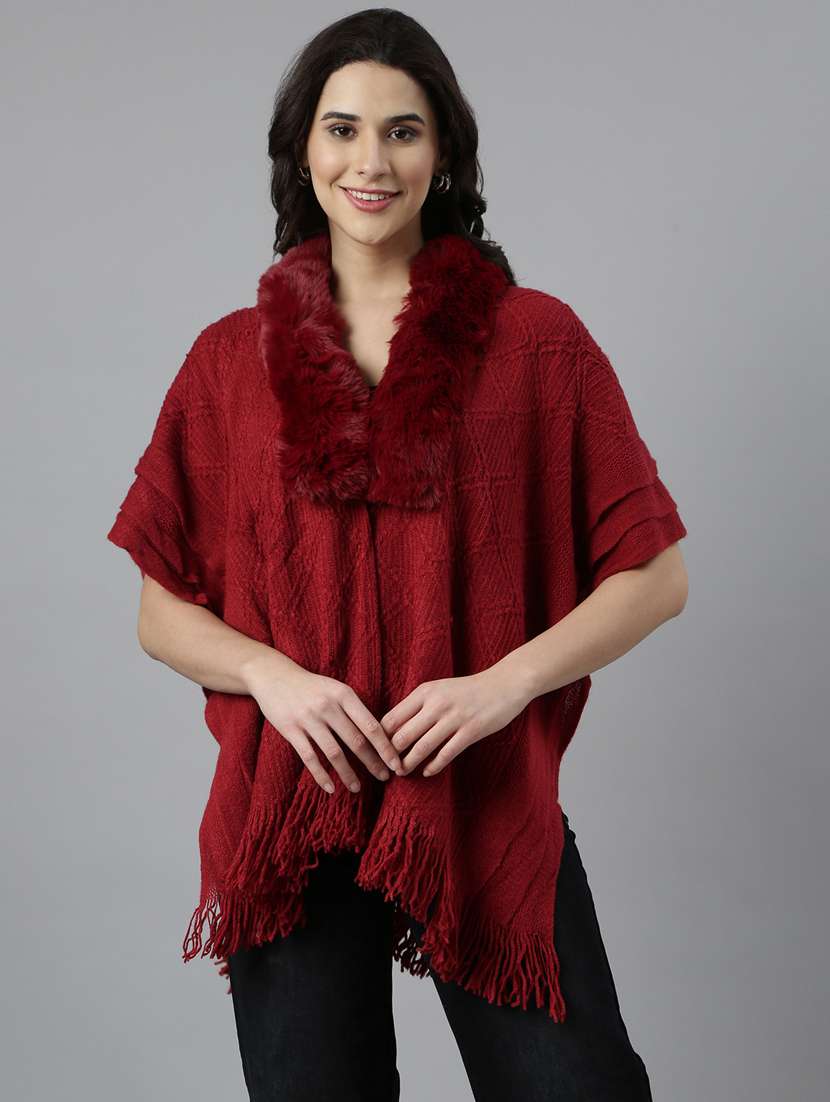 women red self design ponchos
