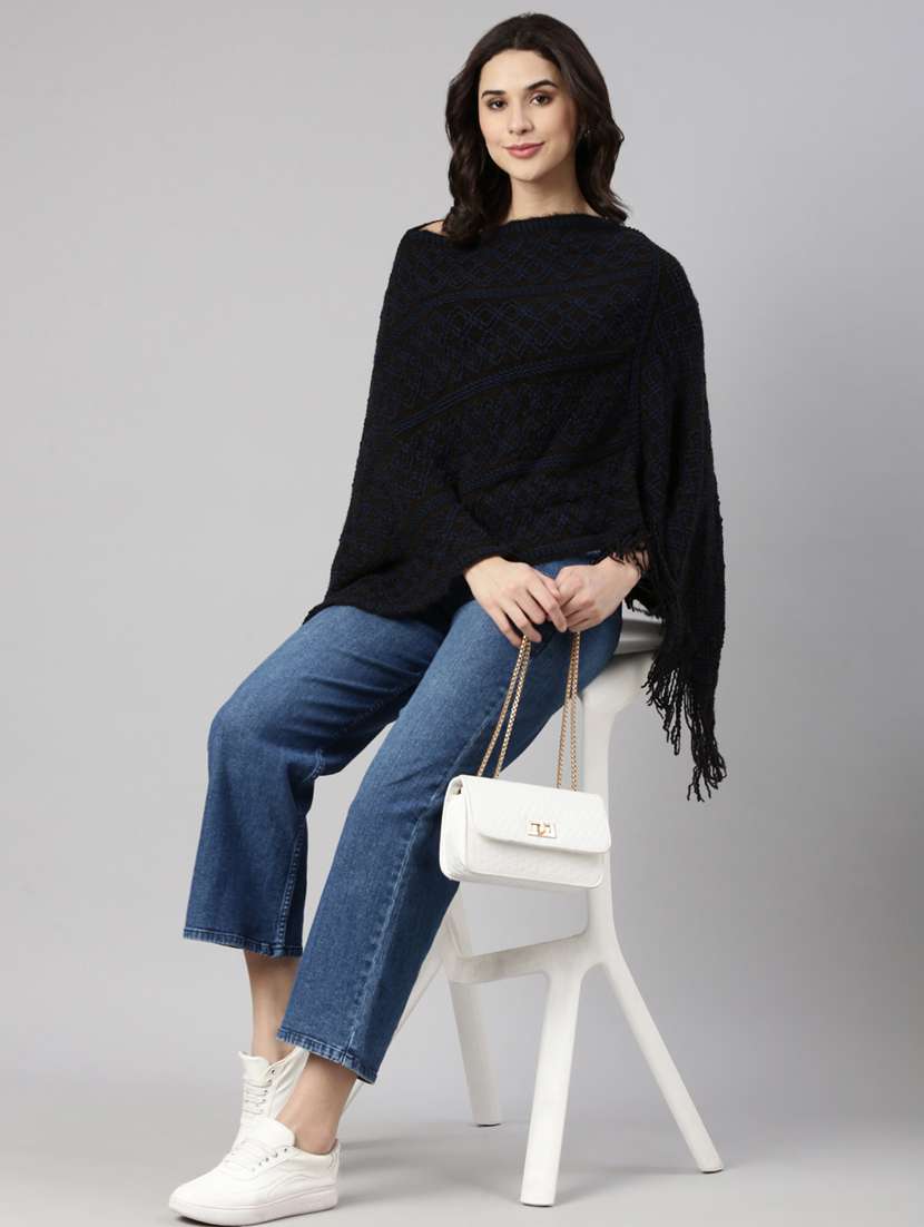women blue self design ponchos - 21023582 - Standard Image - 4