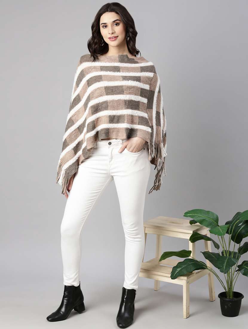 women beige self design ponchos - 21023587 - Standard Image - 4