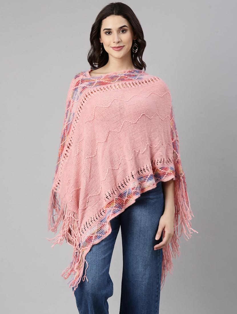 women pink self design ponchos