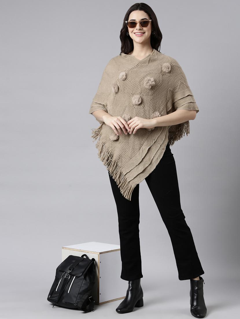 women beige self design ponchos - 21023598 - Standard Image - 4