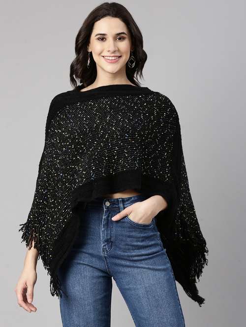 women black self design ponchos - 21023606 - Standard Image - 0