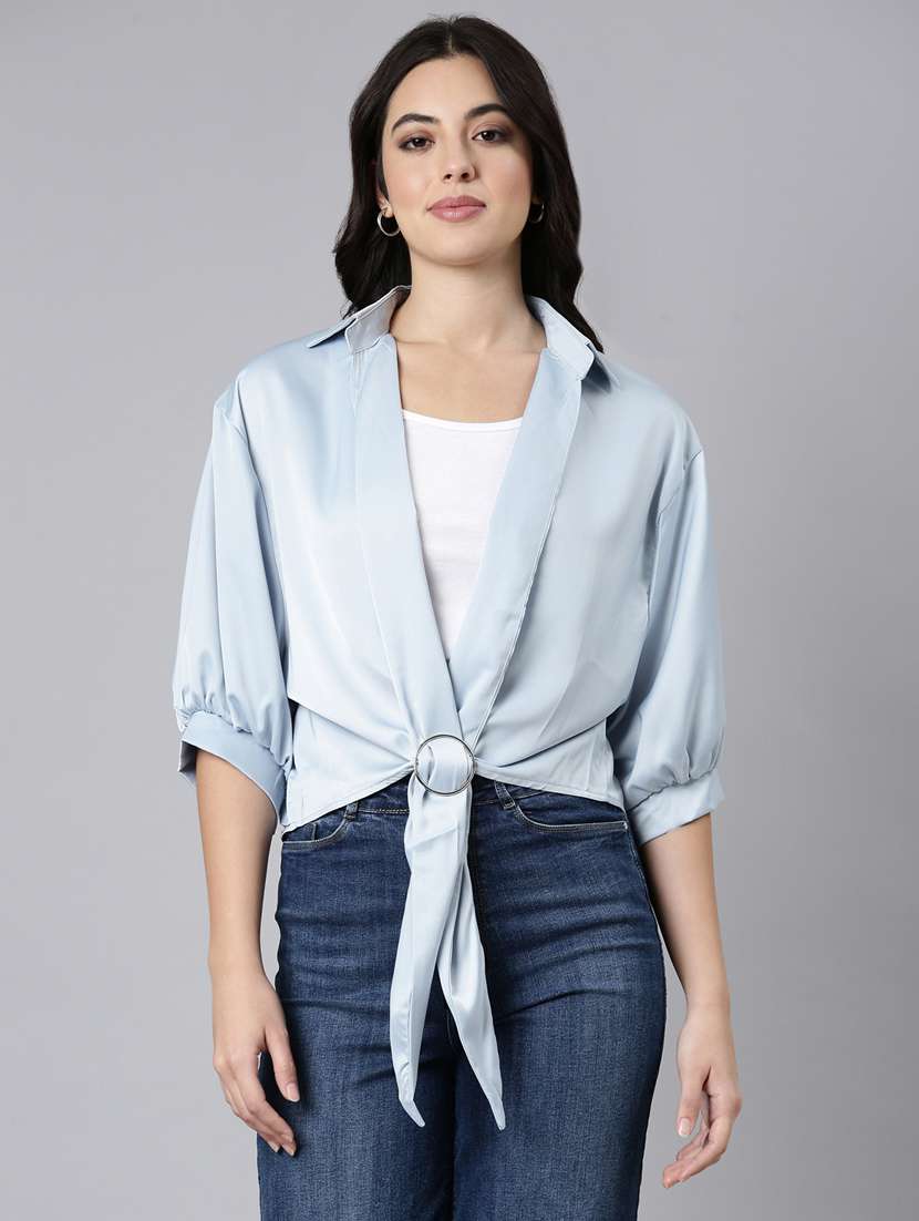 women solid color satin shirt top