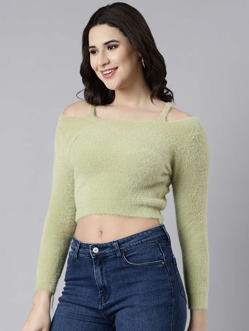 green full sleeve crop top - 21023740 -  Standard Image - 1