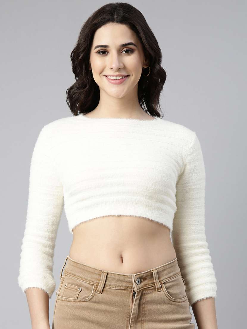 women solids three quarter sleeves crop top
