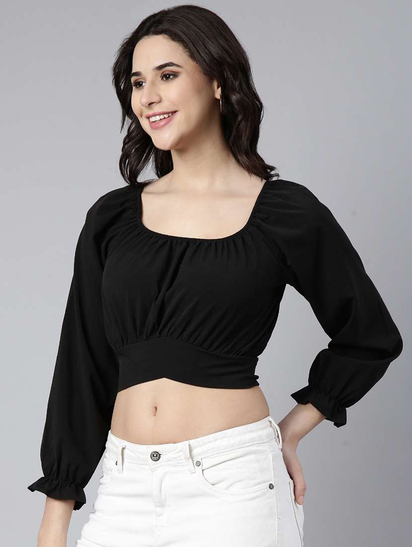 women black solids puff sleeves crop top - 21023750 - Standard Image - 1