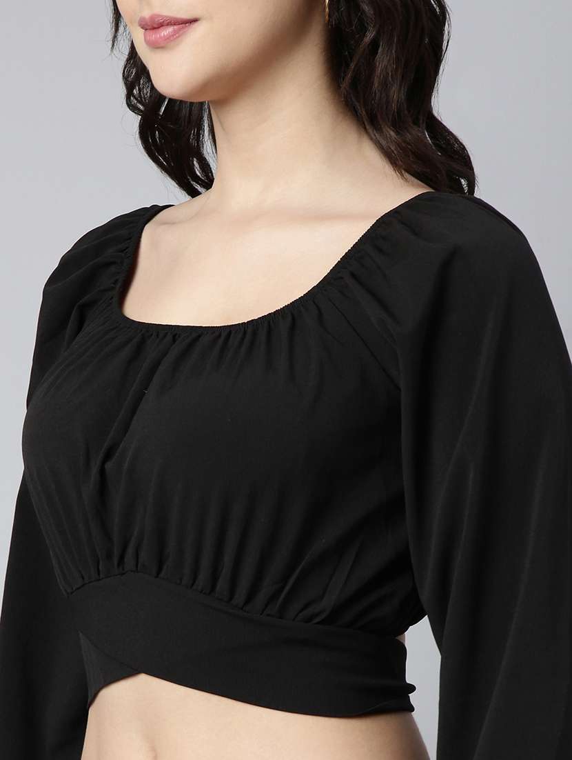women black solids puff sleeves crop top - 21023750 - Standard Image - 6