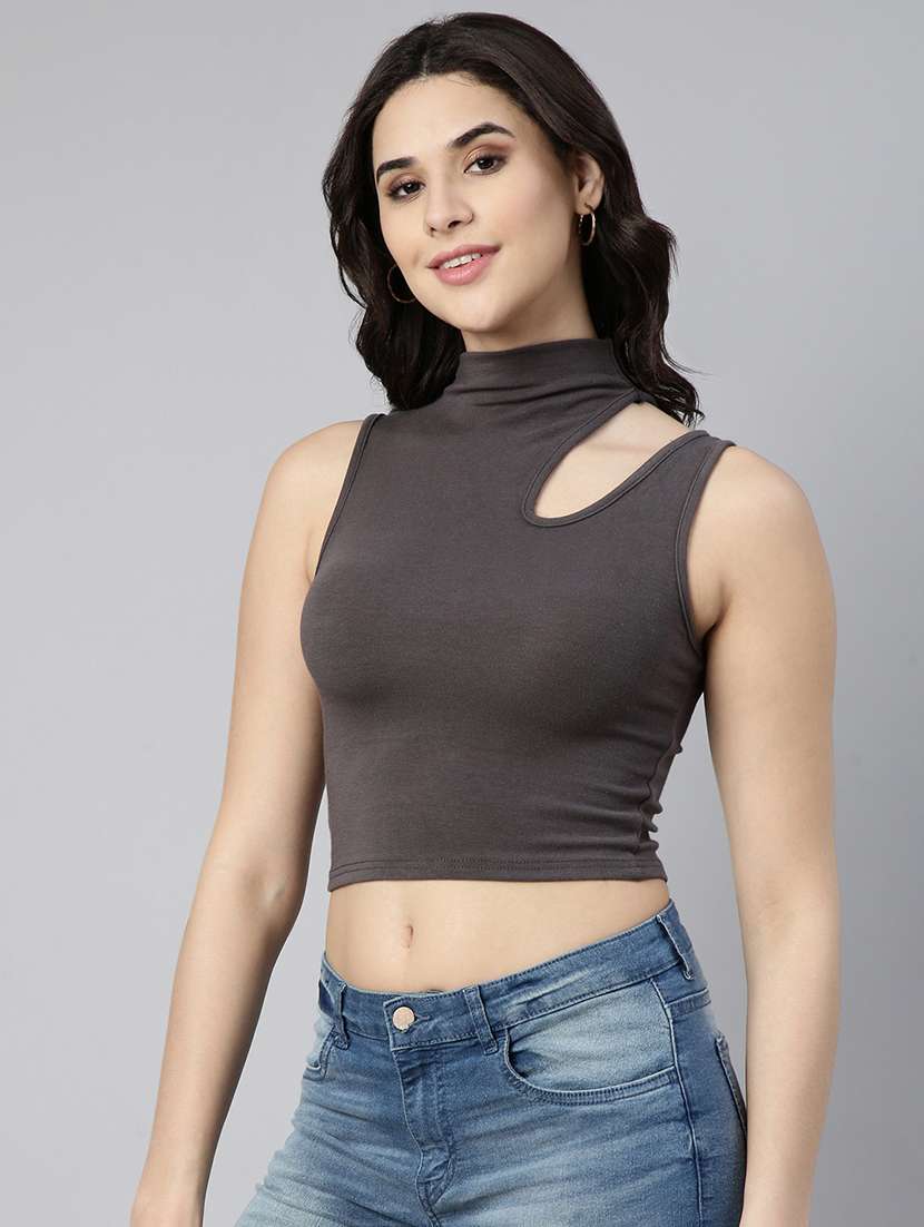 women grey solids sleeveless crop top - 21023772 -  Standard Image - 1