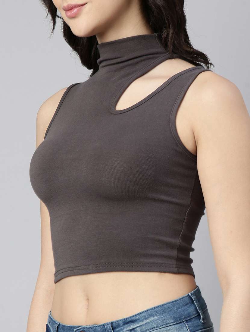women grey solids sleeveless crop top - 21023772 - Standard Image - 6