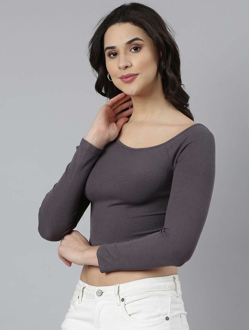women grey solids long sleeves crop top - 21023777 -  Standard Image - 1
