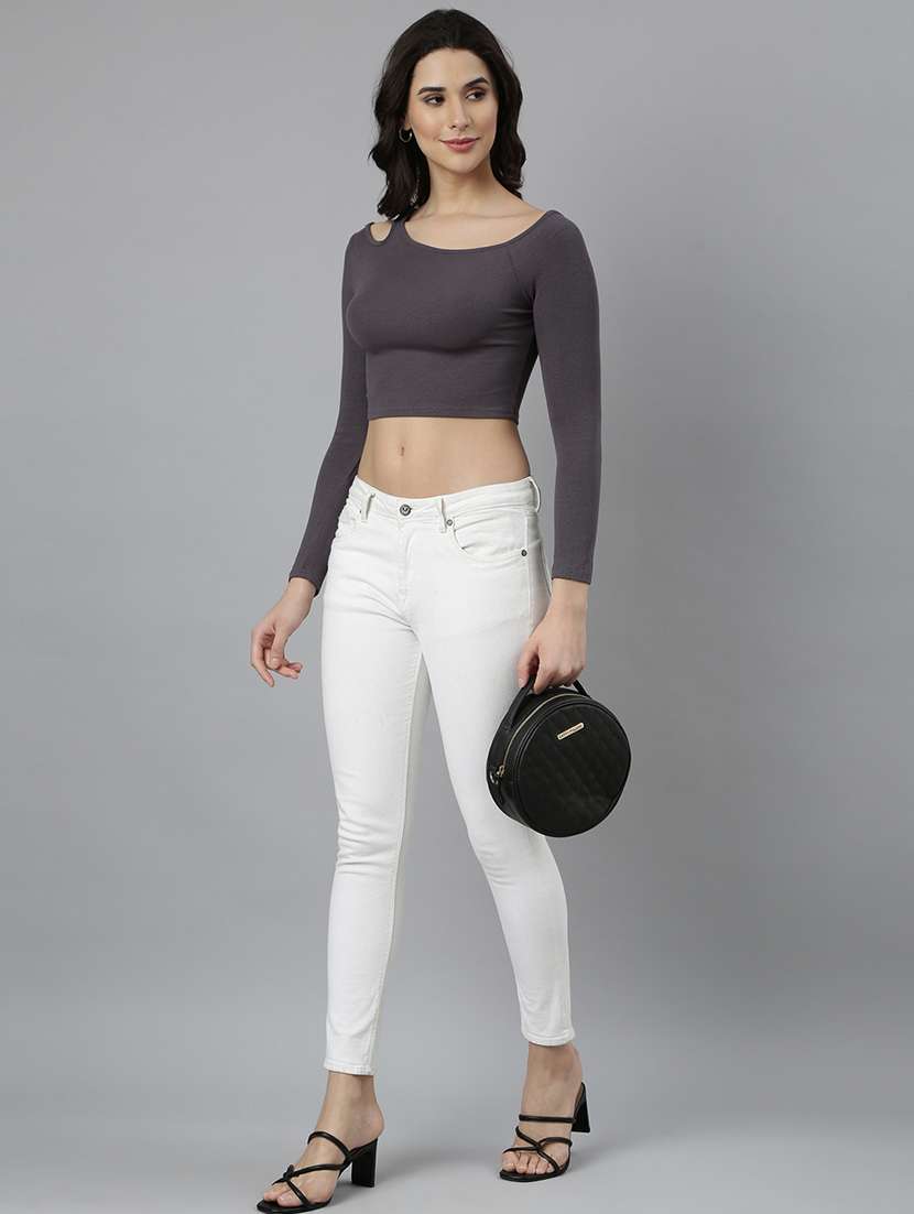 women grey solids long sleeves crop top - 21023777 -  Standard Image - 4