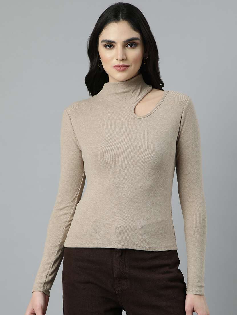 women beige solids long sleeves top