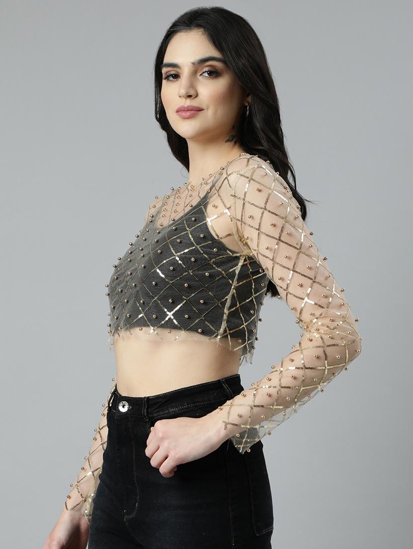 women beige embellished crop top - 21023804 - Standard Image - 1