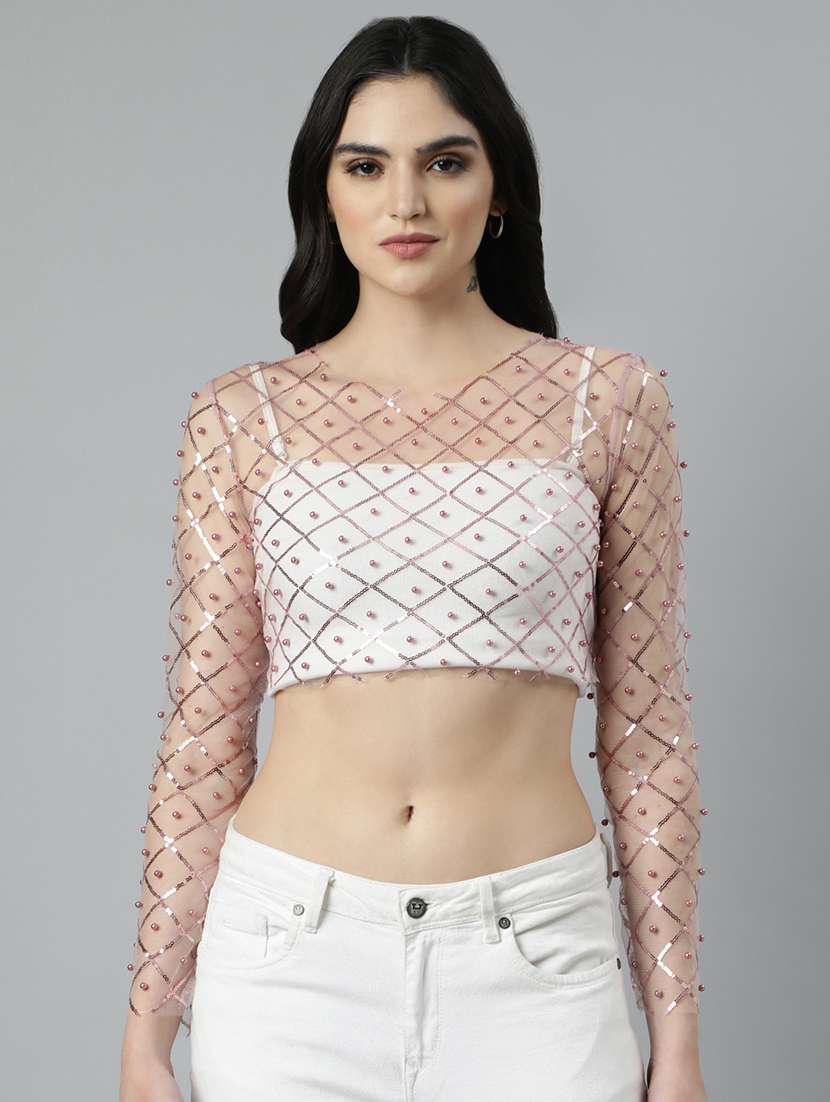women pink embellished crop top