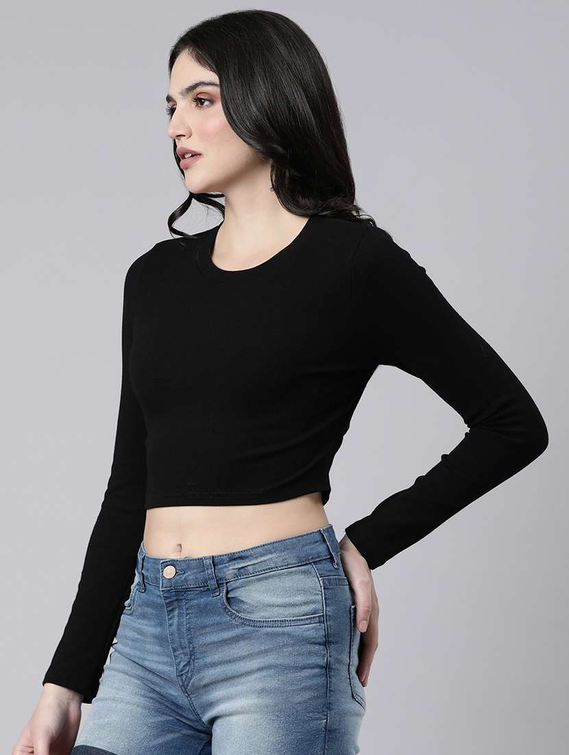 women black solids long sleeves crop top - 21023814 -  Standard Image - 1