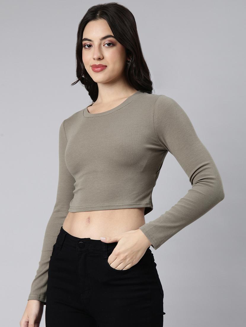 olive cotton blend crop top - 21023815 - Standard Image - 1