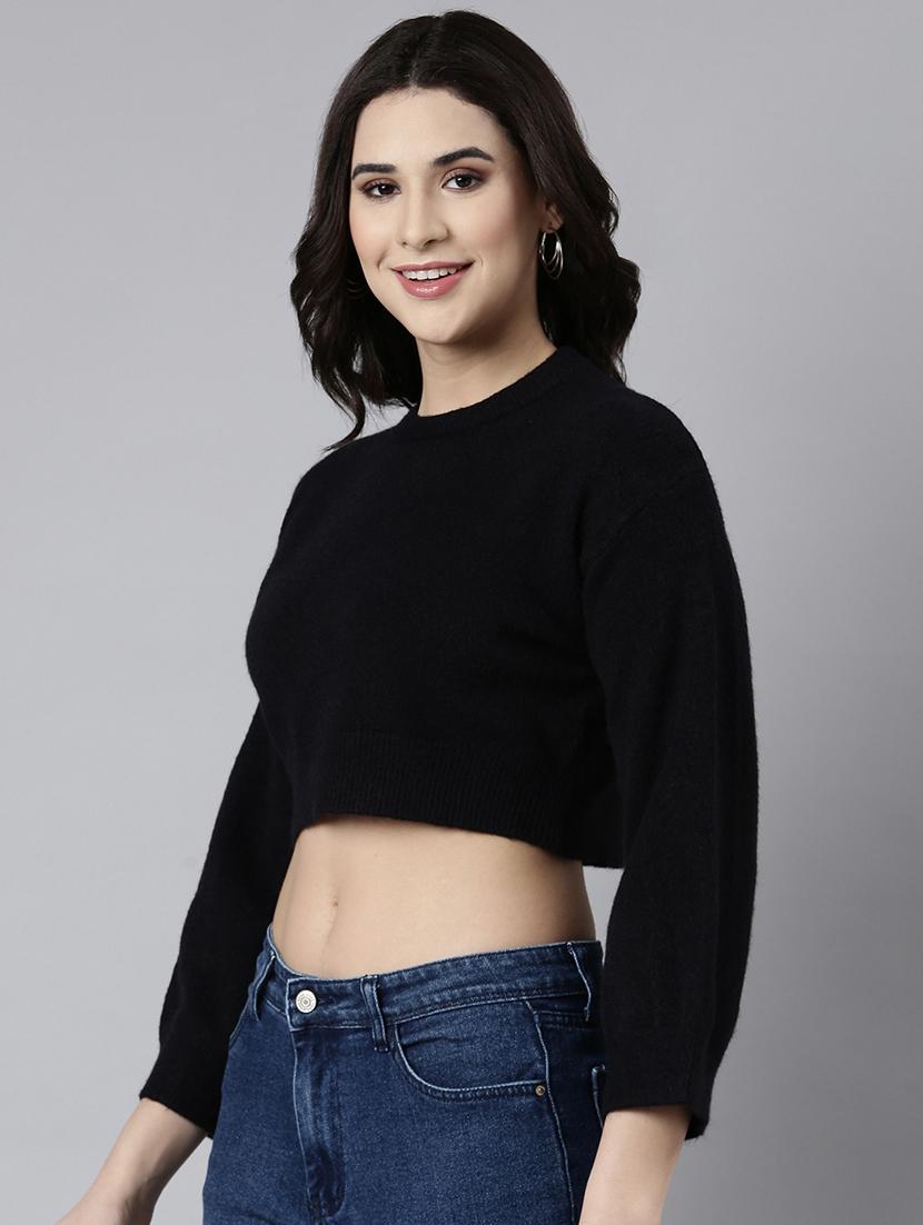 women black solids long sleeves crop top - 21023836 - Standard Image - 1